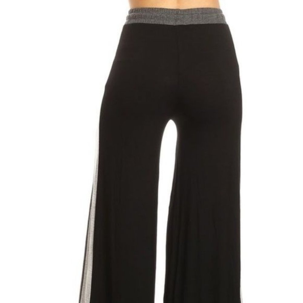 Miz Striped Palazzo: Gray Wide Leg Stretch Drawstring Pants w/ Black White - Picture 4 of 13